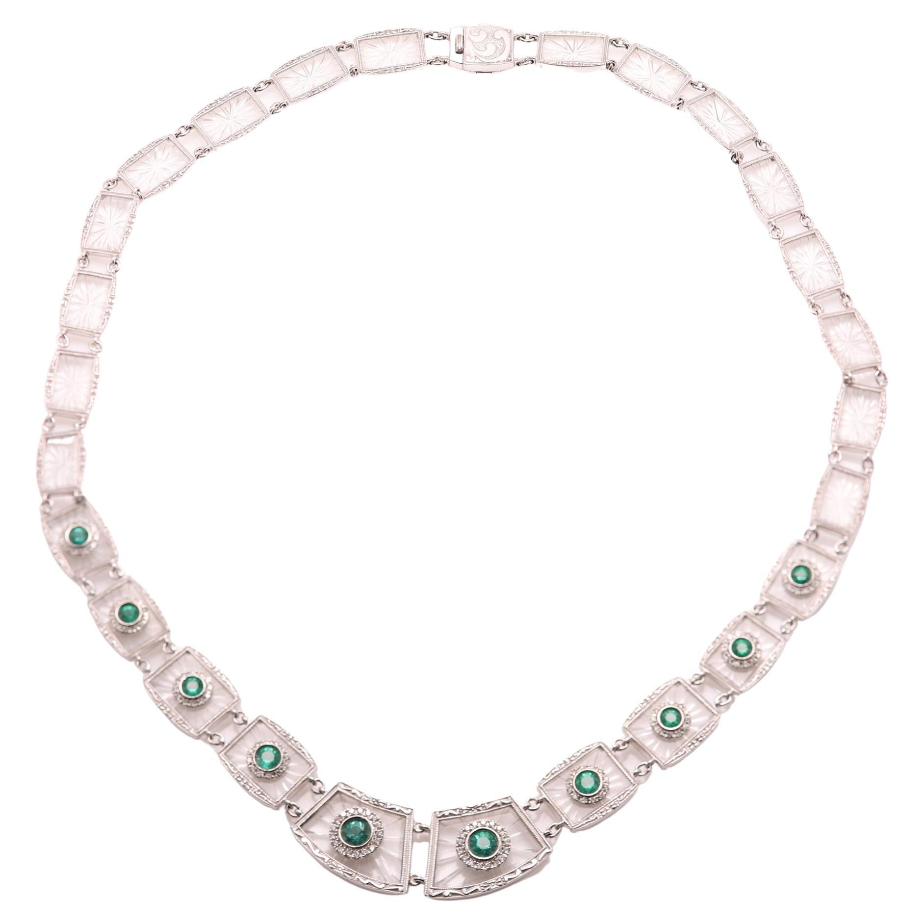 Art Deco Emerald Necklace 14 Karat White Gold and Diamonds