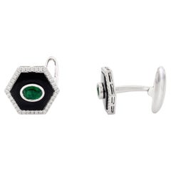 Art Deco Emerald Onyx Cufflinks with Diamonds Unisex Gift in 18k White Gold