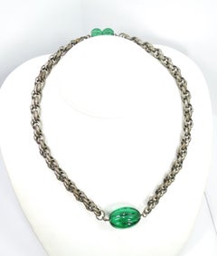 Art Deco Emerald Pate De Verre Glass & Interlocking Chain Necklace, France 1920s