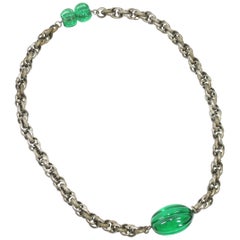 Antique Art Deco Emerald Pate De Verre Glass 
Interlocking Chain Necklace, France 1920s
