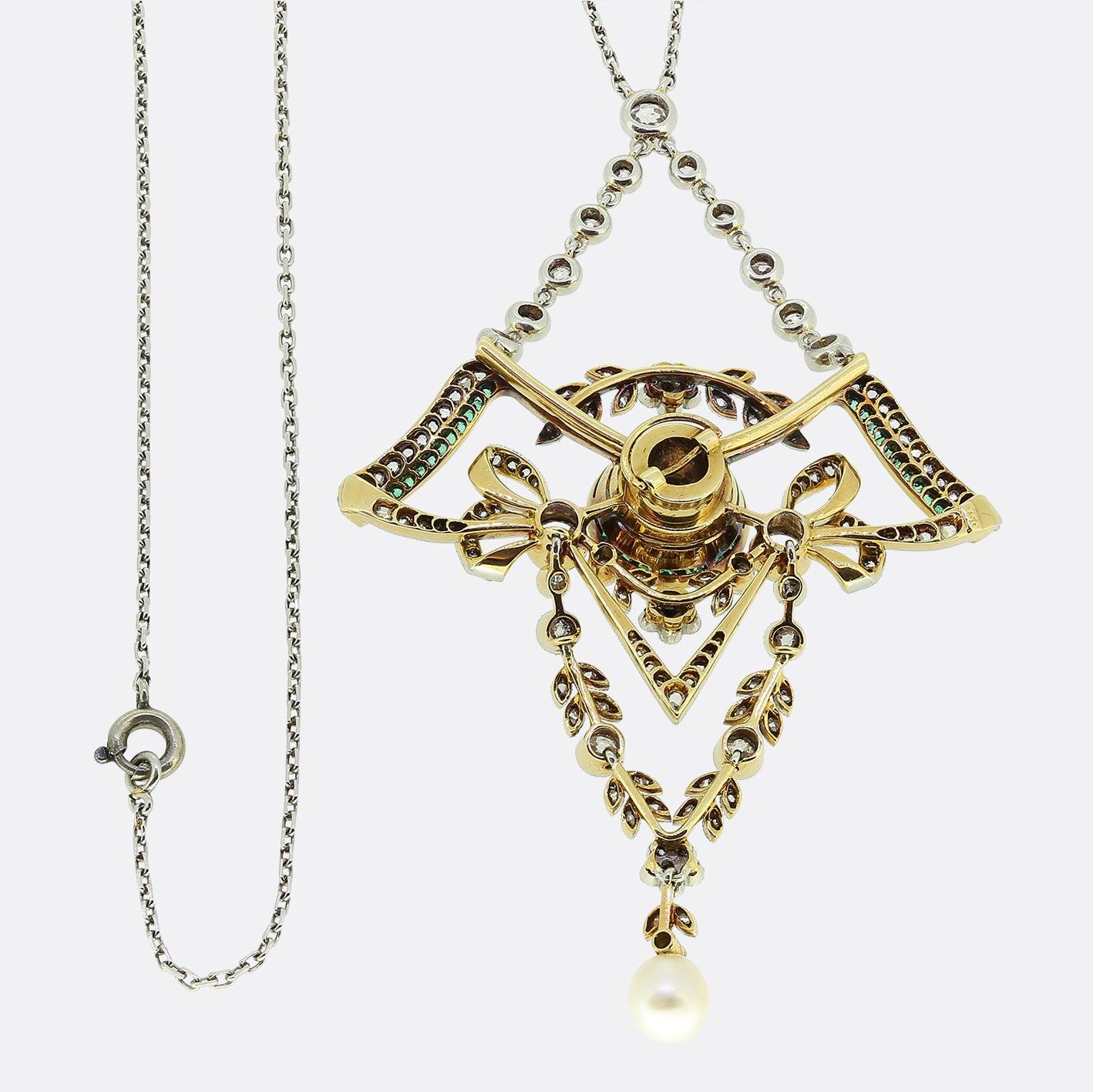 Lavalier-Halskette aus Smaragd, Perle und Diamant im Art déco-Stil (Alteuropäischer Schliff)
