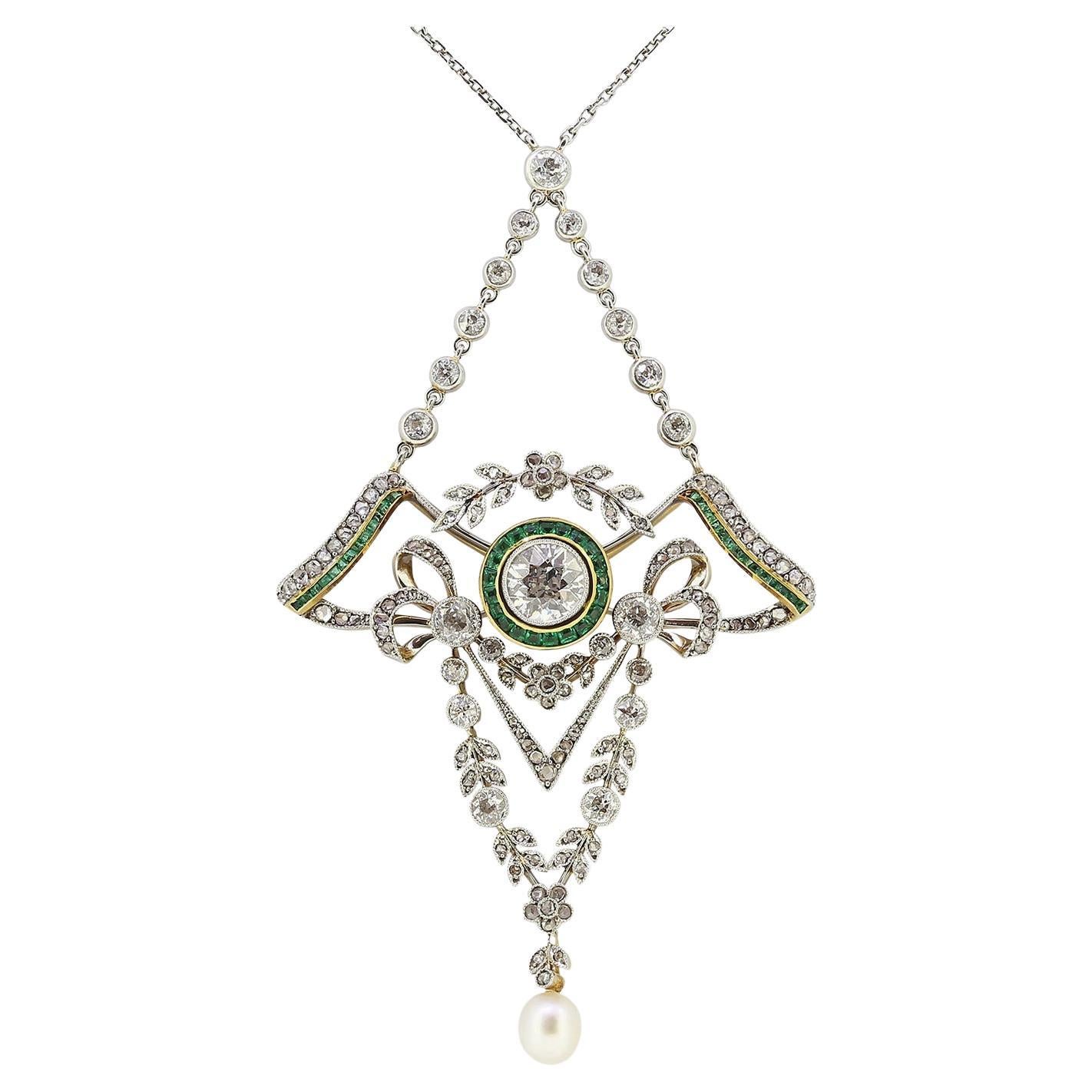 Art Deco Emerald Pearl and Diamond Lavalier Necklace