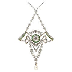 Art Deco Emerald Pearl and Diamond Lavalier Necklace