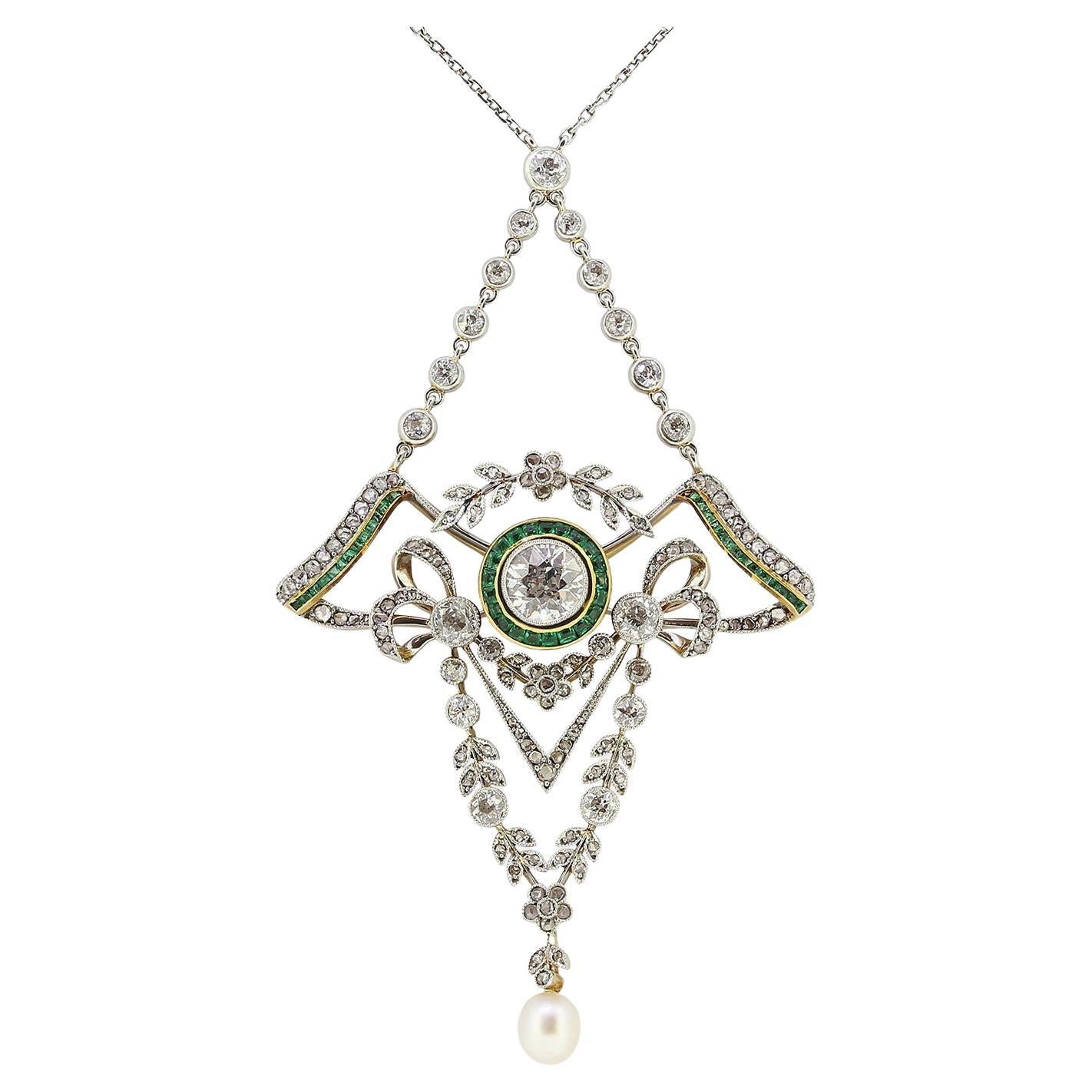 Art Deco Emerald Pearl and Diamond Lavalier Necklace