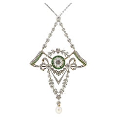 Art Deco Emerald Pearl and Diamond Lavalier Necklace