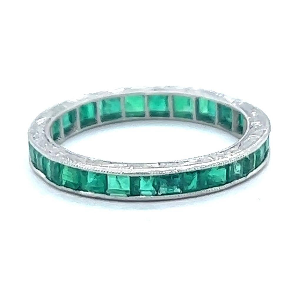 Art Deco Emerald Platinum Engraved Eternity Band In Excellent Condition In Beverly Hills, CA