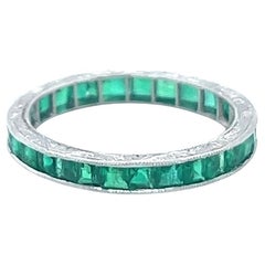 Antique Art Deco Emerald Platinum Engraved Eternity Band