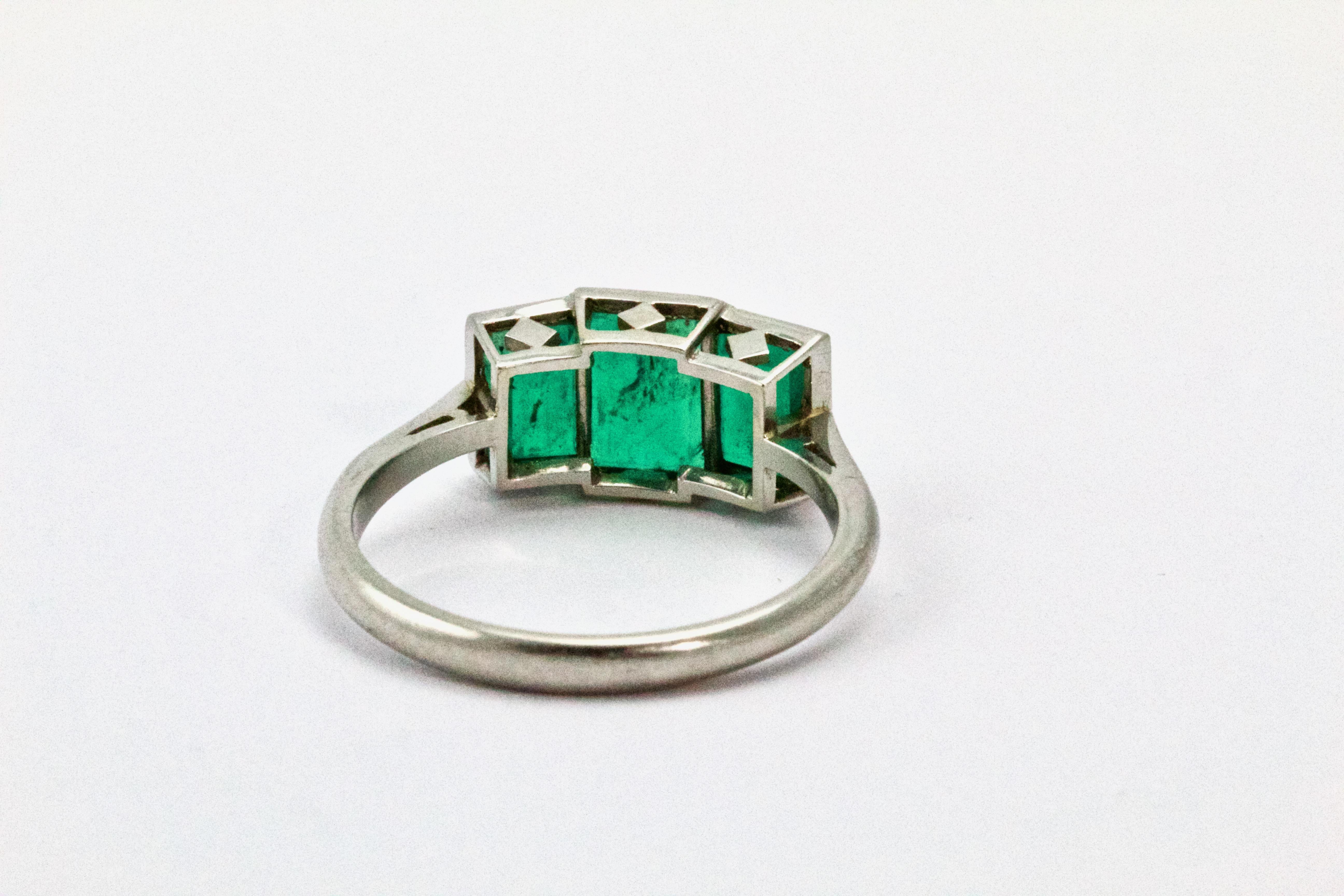 Women's or Men's Art Deco Emerald Platinum Three-Stone Engagement Ring