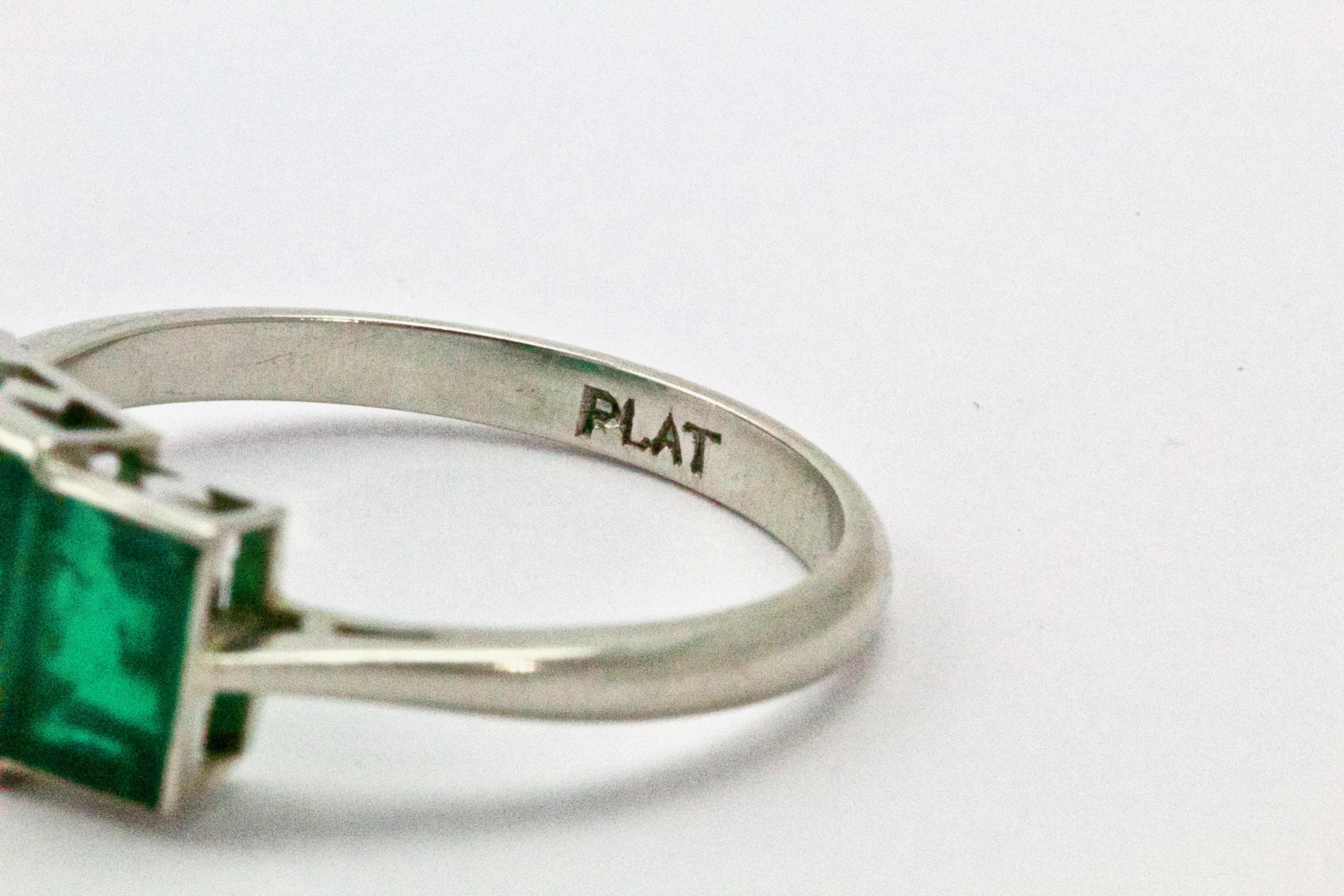 Art Deco Emerald Platinum Three-Stone Engagement Ring 1
