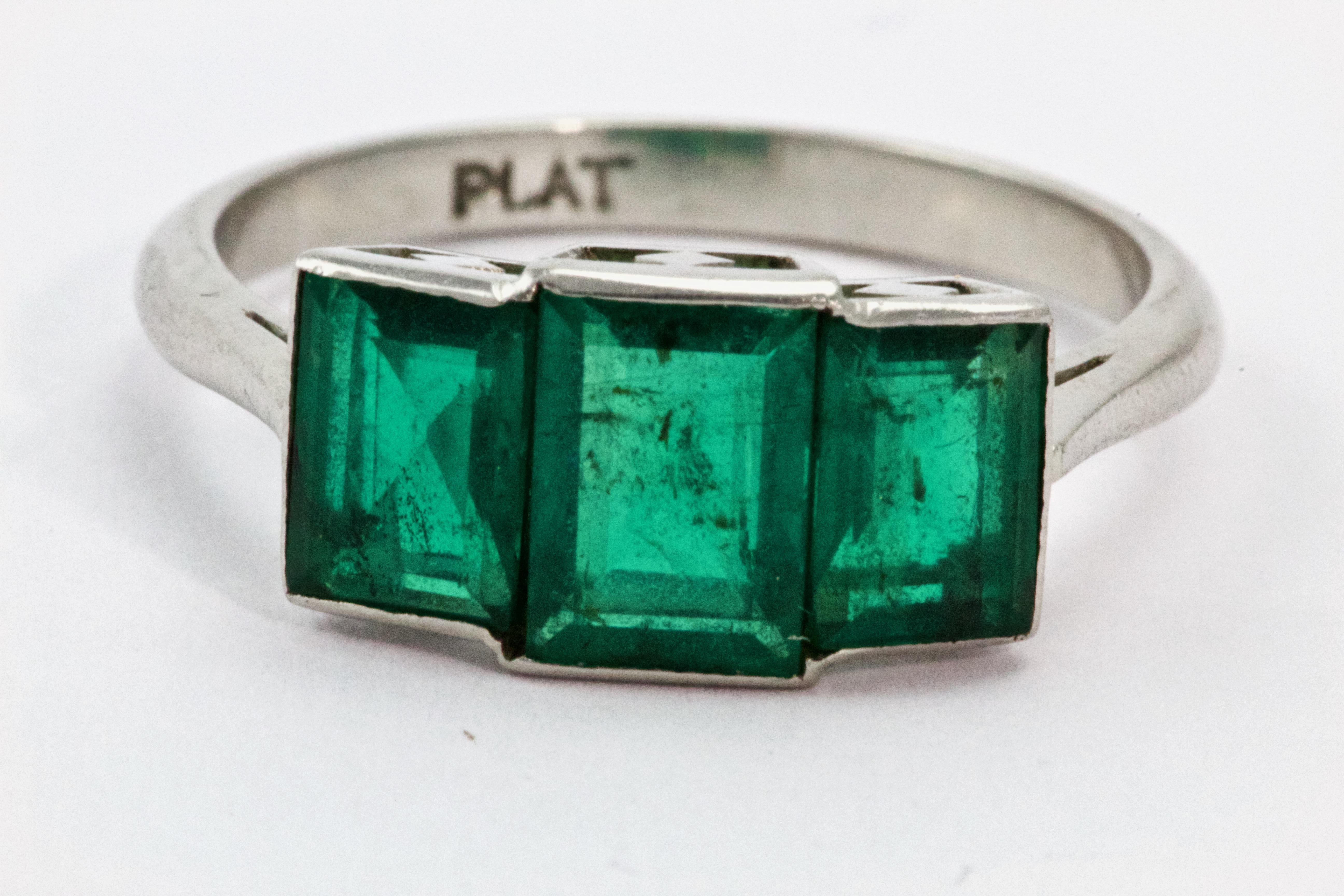 Art Deco Emerald Platinum Three-Stone Engagement Ring 2