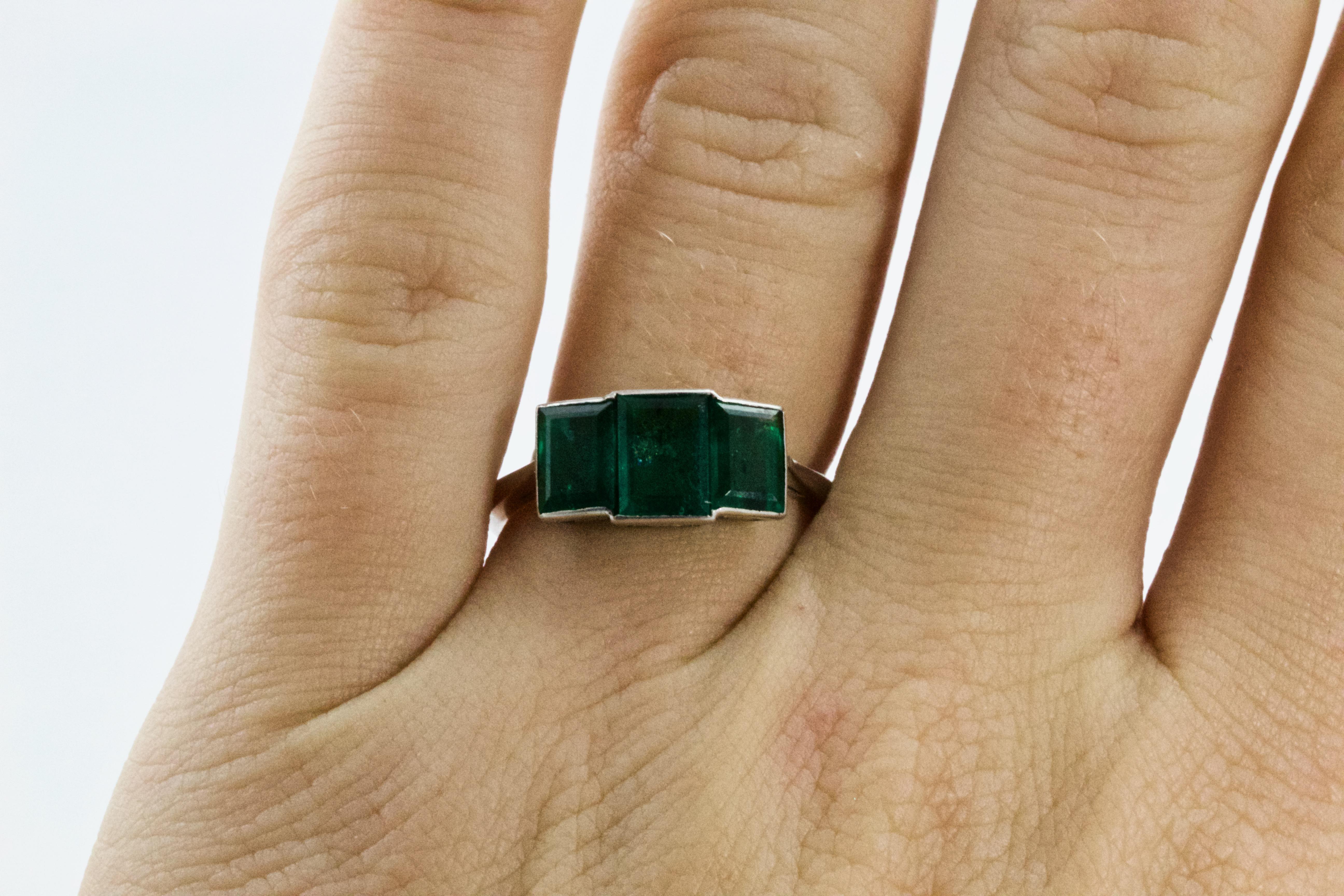 Art Deco Emerald Platinum Three-Stone Engagement Ring 3