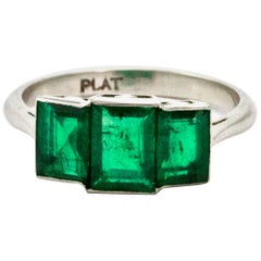 Art Deco Emerald Platinum Three-Stone Engagement Ring