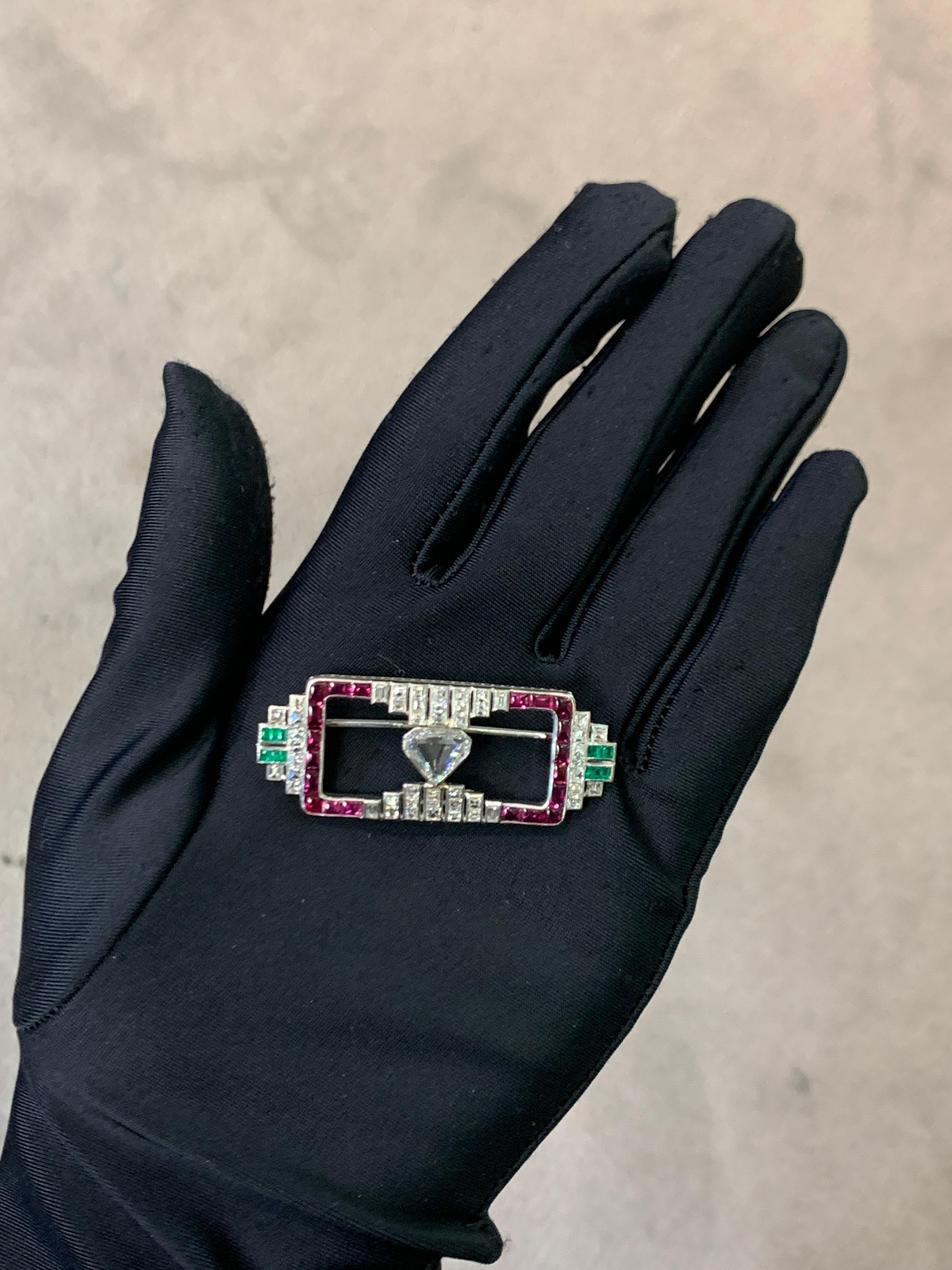 Baguette Cut Art Deco Emerald Ruby and Diamond Brooch