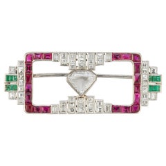 Art Deco Emerald Ruby and Diamond Brooch