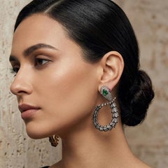 Art Deco Emerald, Ruby and Diamond Serpent Drop Earrings in Silver and 18K Gold