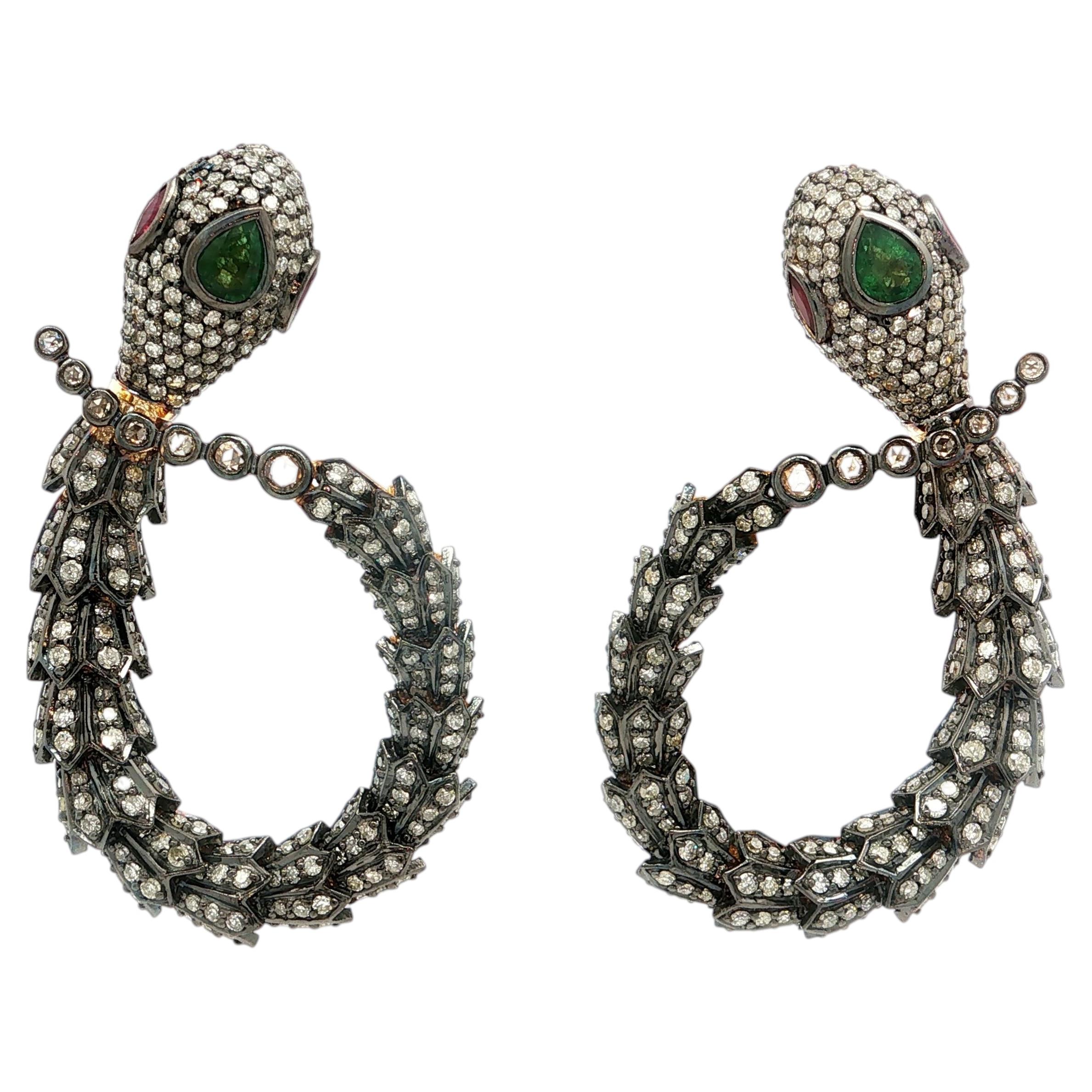 Art Deco Emerald, Ruby and Diamond Serpent Drop Earrings in Silver and 18K Gold