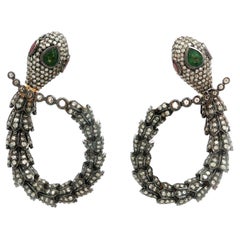 Art Deco Emerald, Ruby and Diamond Serpent Drop Earrings in Silver and 18K Gold