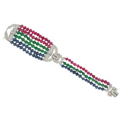 Art Deco Emerald, Ruby, and Sapphire Bead Bracelet with Diamond Spacers