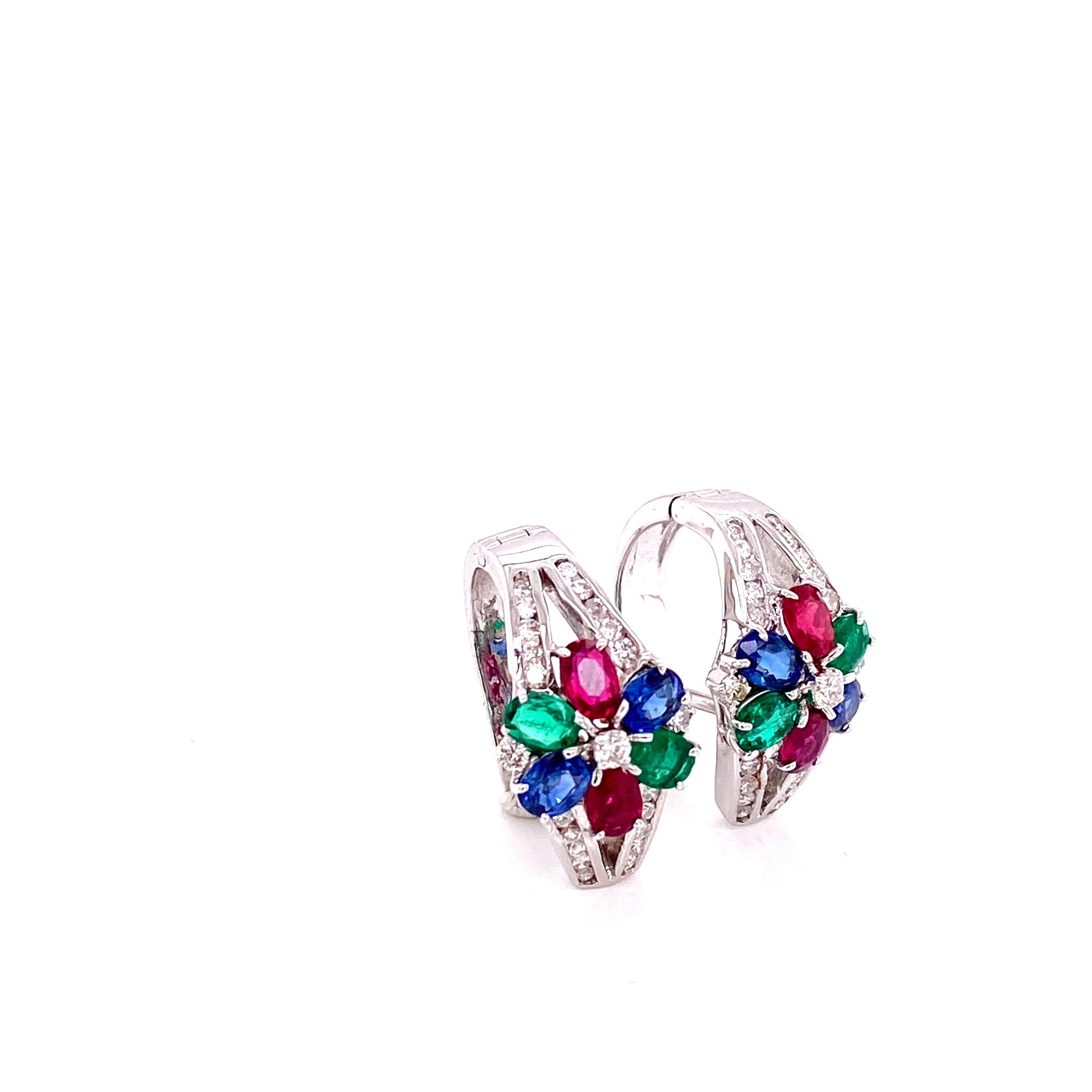Oval Cut Art Deco Style Emerald, Ruby, Blue Sapphire, and White Diamond Earrings