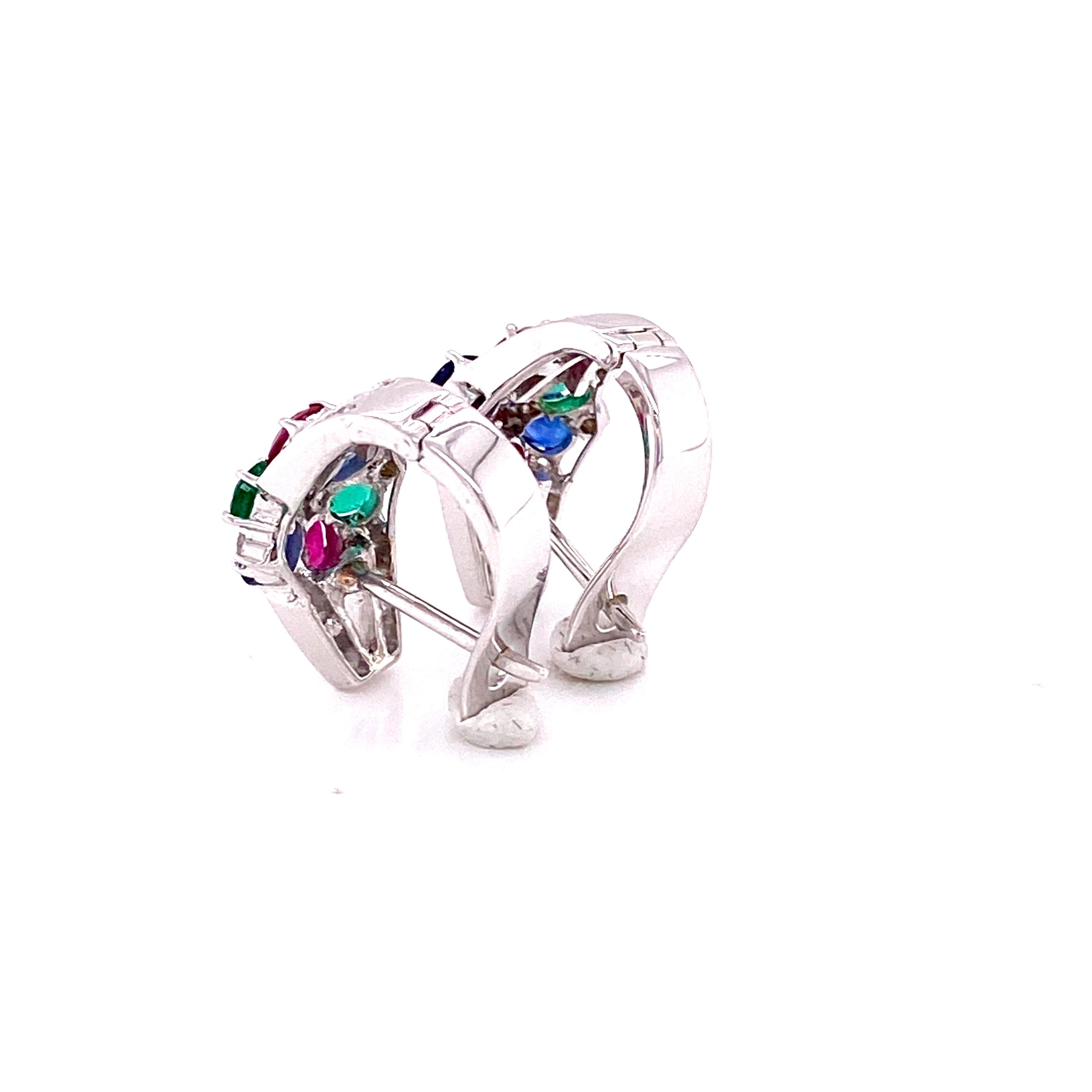 Women's or Men's Art Deco Style Emerald, Ruby, Blue Sapphire, and White Diamond Earrings