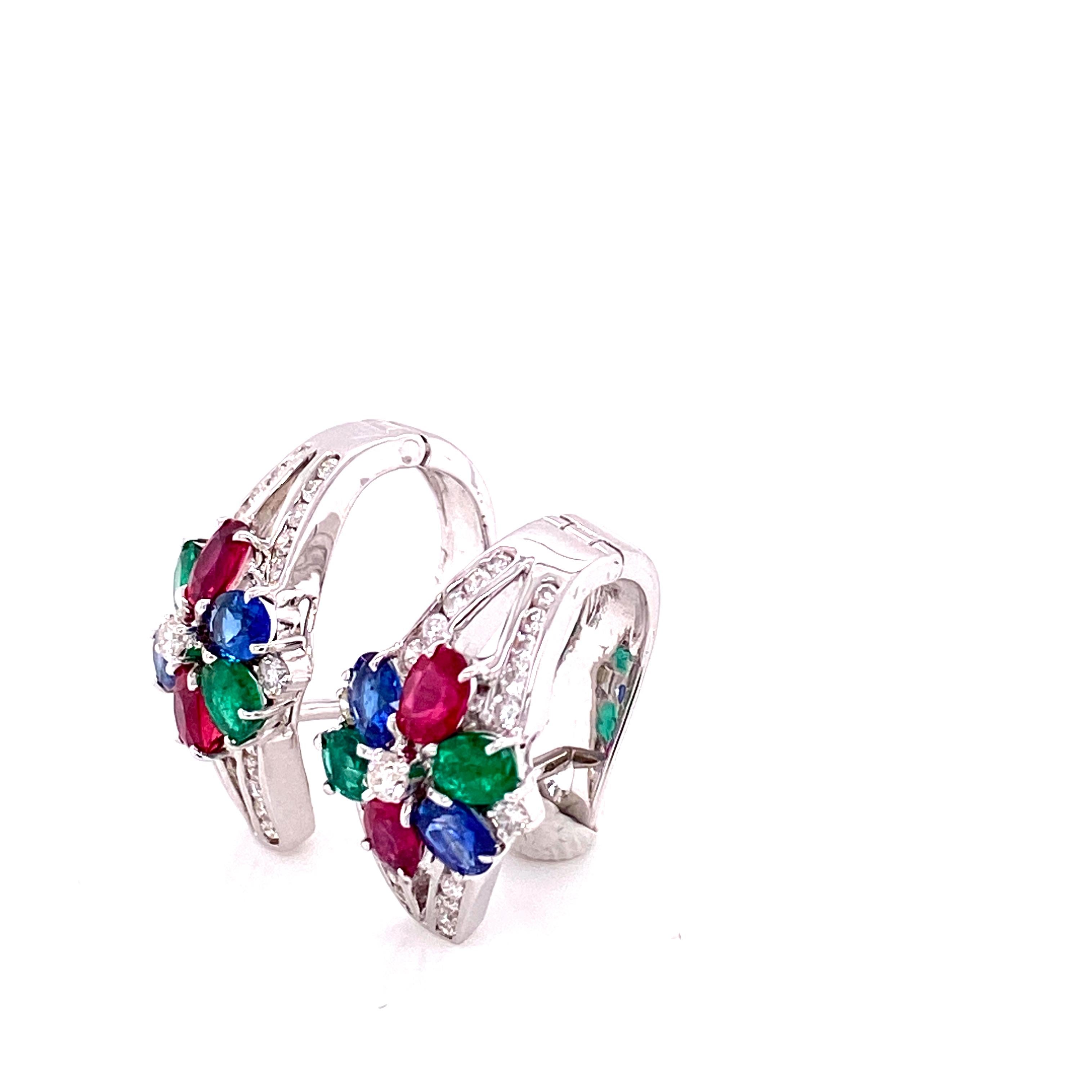 Art Deco Style Emerald, Ruby, Blue Sapphire, and White Diamond Earrings 1