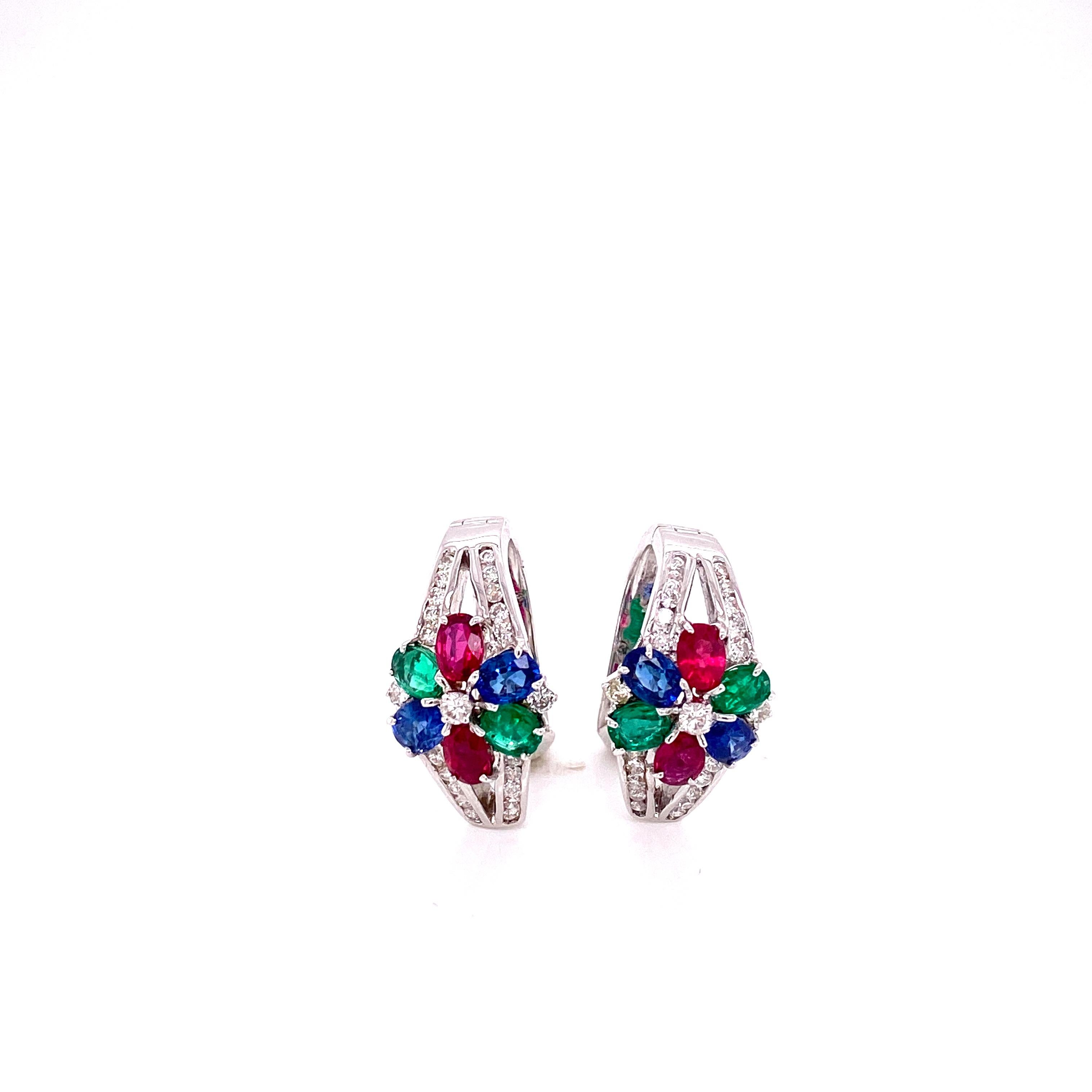 Art Deco Style Emerald, Ruby, Blue Sapphire, and White Diamond Earrings 2