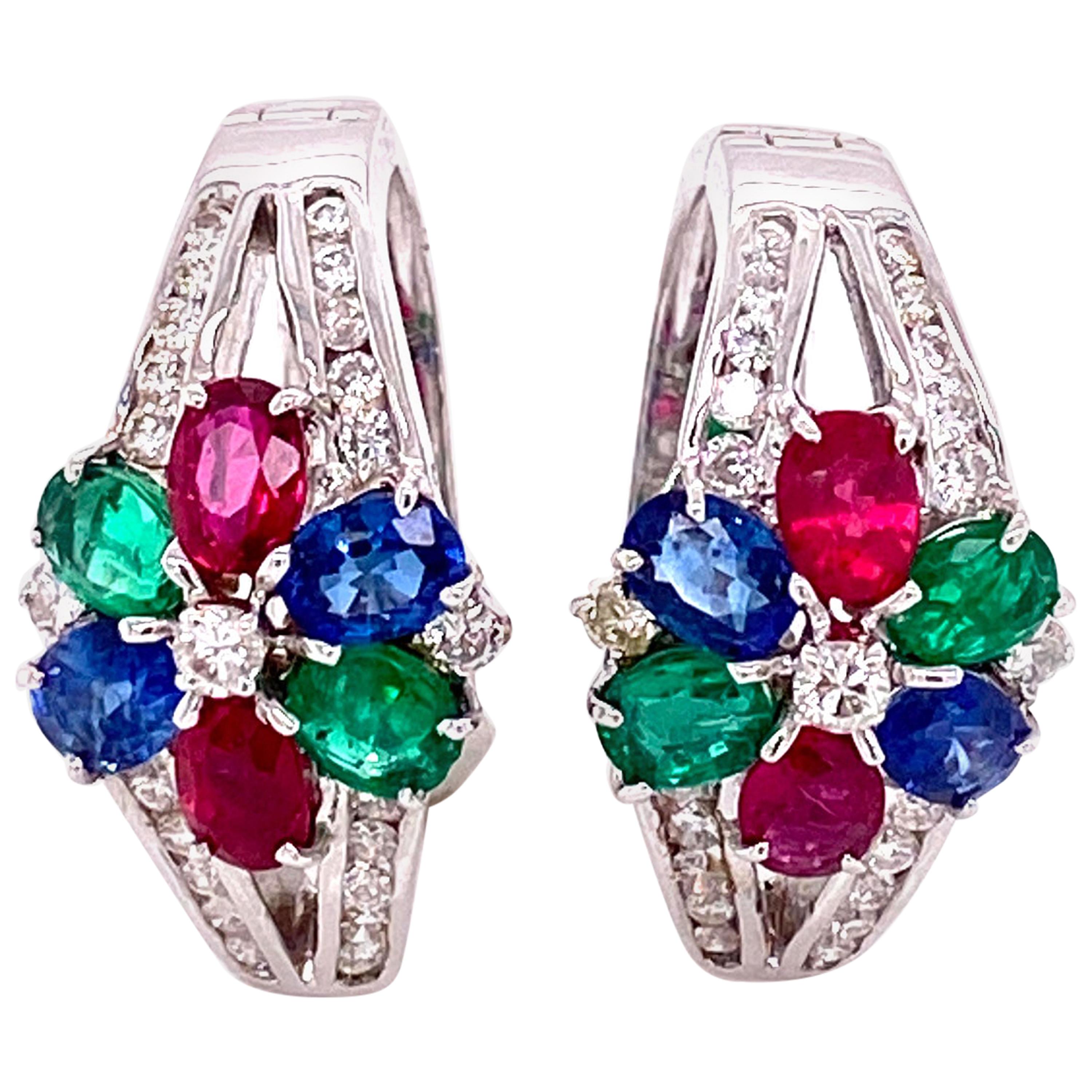 Art Deco Style Emerald, Ruby, Blue Sapphire, and White Diamond Earrings