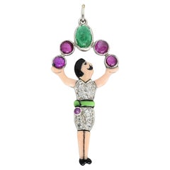 Art Deco Emerald Ruby Diamond Enamel Platinum Juggling Circus Man Charm