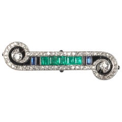 Art Deco Emerald Sapphire and Diamond Bar Brooch