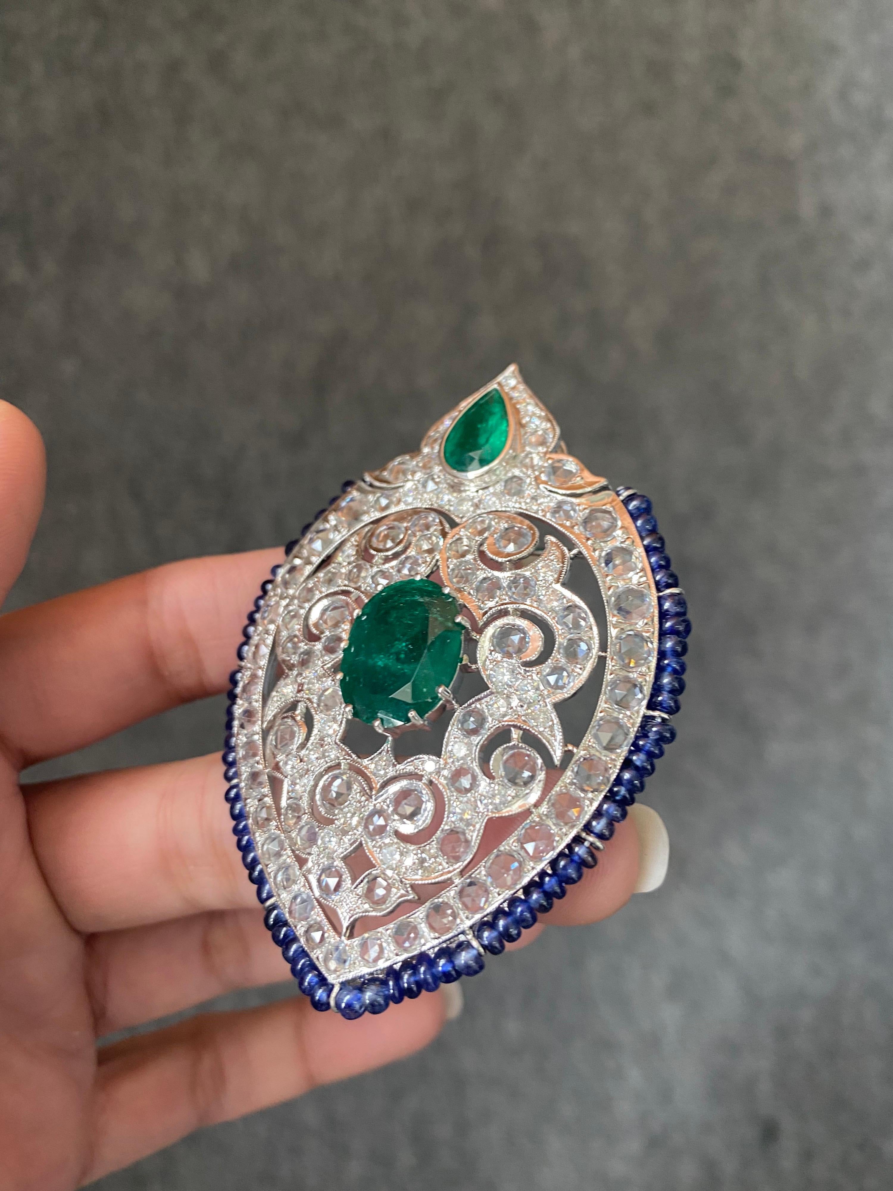 Emerald Cut Art Deco Emerald, Sapphire and Diamond Brooch For Sale