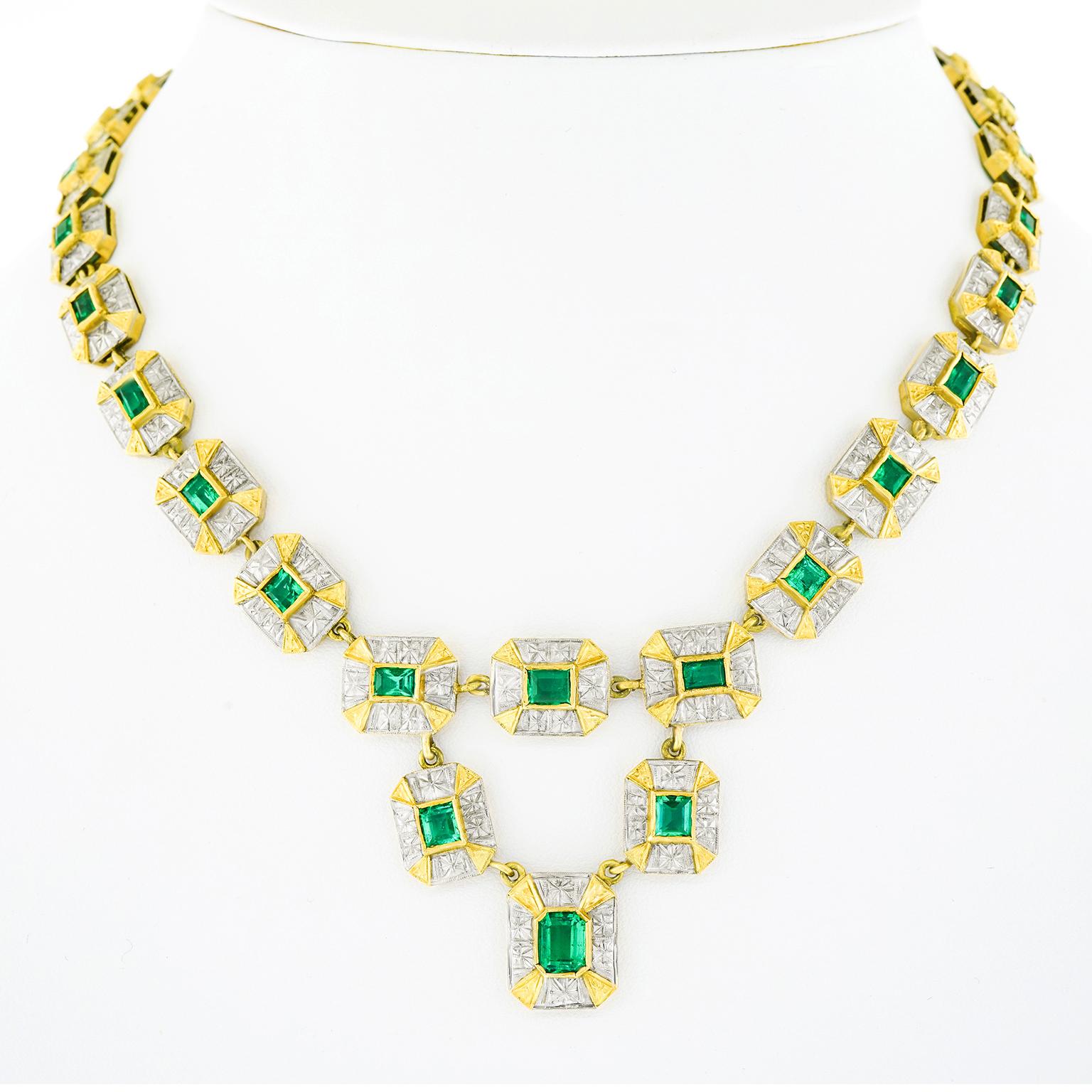 Emerald Cut Art Deco Emerald-Set Platinum and Gold Necklace