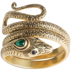 Art Deco Emerald Sapphire Antique Snake Ring With 18K Gold Carving Fashion Ring