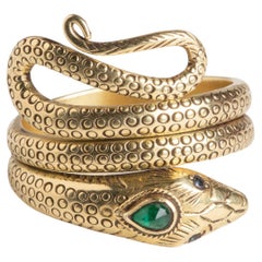 Art Deco Emerald Sapphire Antique Snake Ring With 18K Gold Carving Fashion Ring