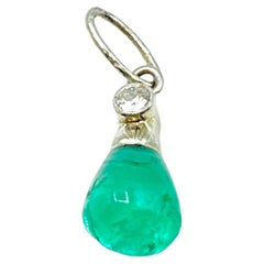 Art Deco Emerald Teardrop, White Gold and Diamond Pendant
