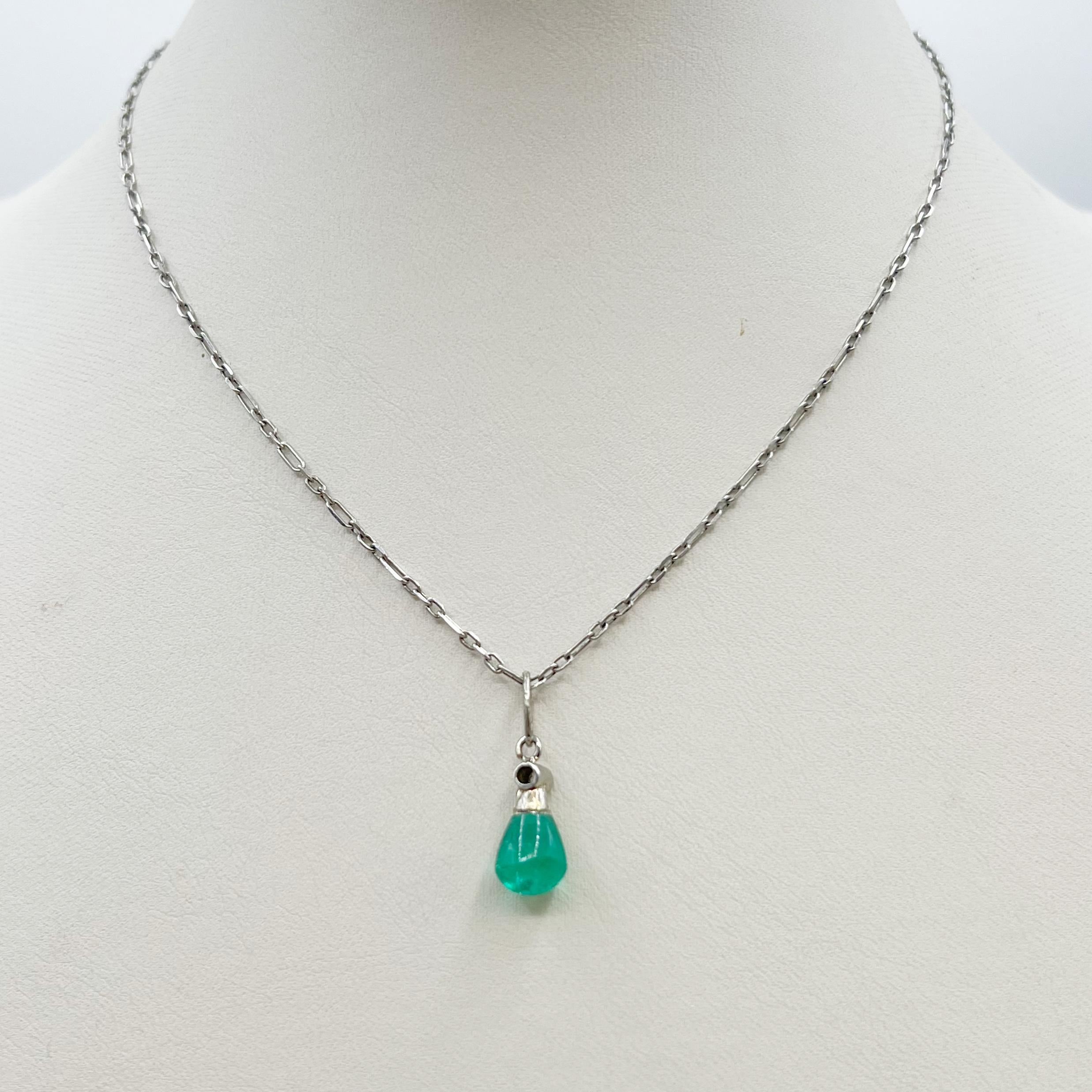 Women's or Men's Art Deco Emerald Teardrop, White Gold and Diamond Pendant For Sale