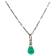 Art Deco Emerald Teardrop, White Gold and Diamond Pendant