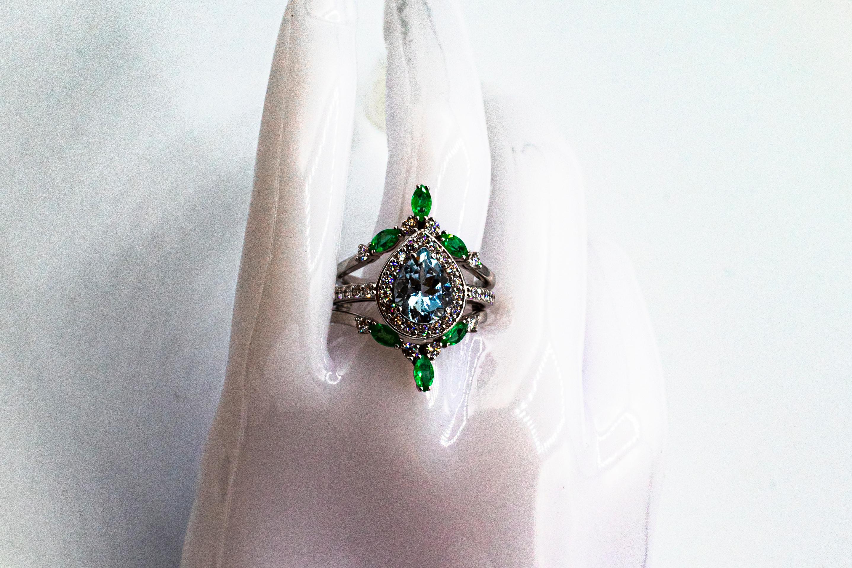 Art Deco Emerald White Diamond Aquamarine White Gold Triple Cocktail Ring Set For Sale 5