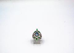 Art Deco Emerald White Diamond Aquamarine White Gold Triple Cocktail Ring Set