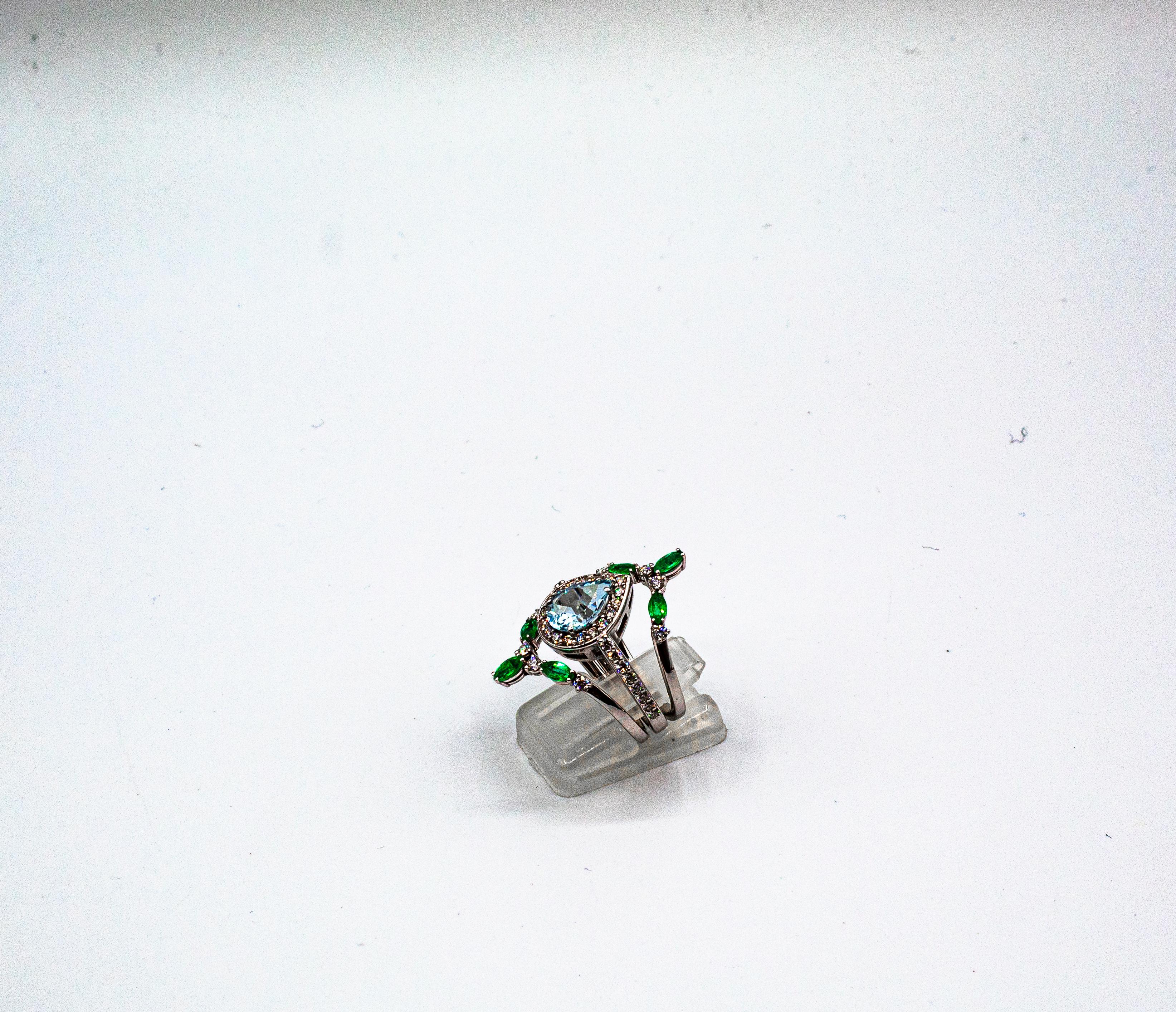 Art Deco Smaragd Weiß Diamant Aquamarin Weißgold Dreifach Cocktail Ring Set für Damen oder Herren im Angebot