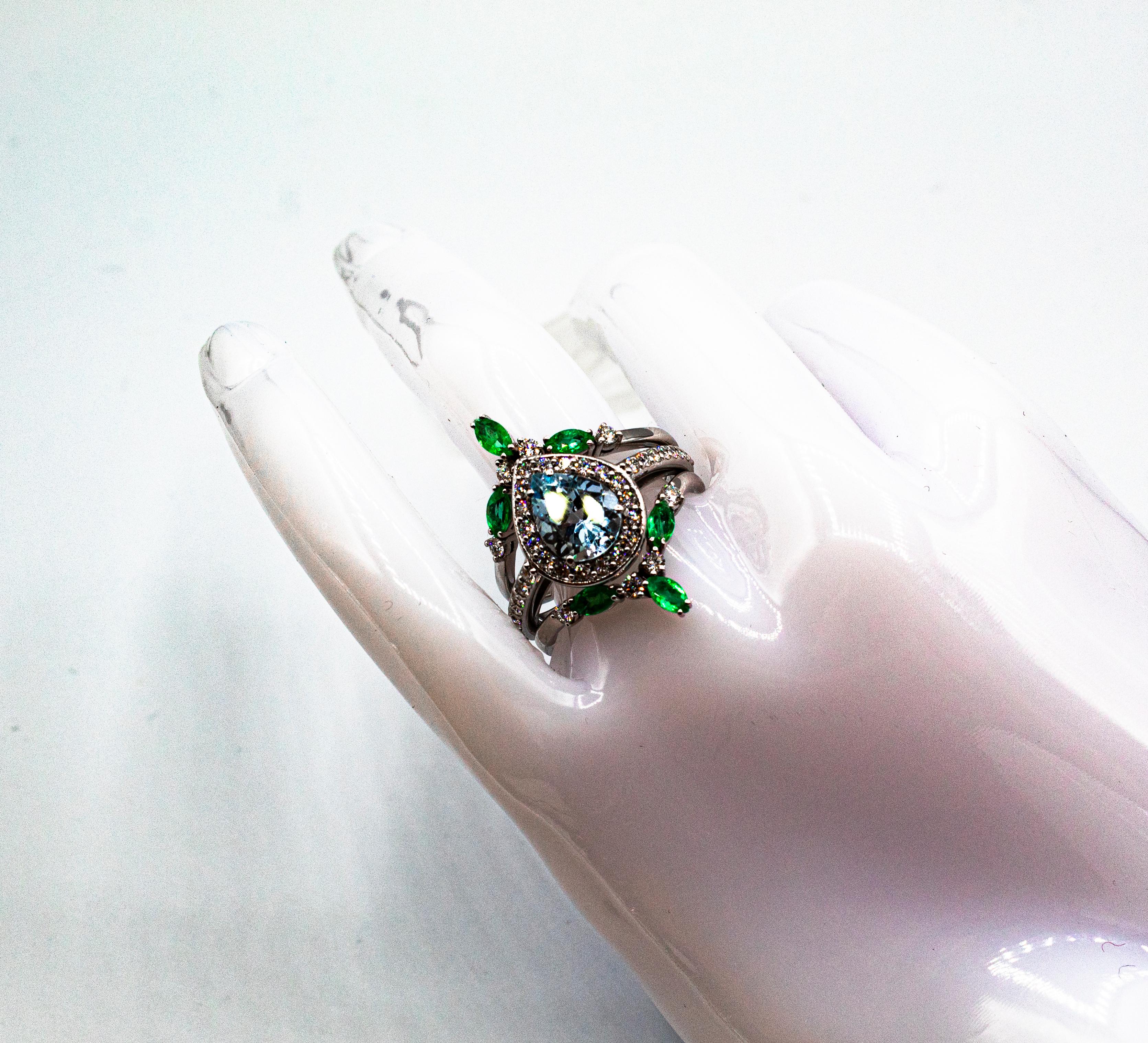 Art Deco Smaragd Weiß Diamant Aquamarin Weißgold Dreifach Cocktail Ring Set im Angebot 2