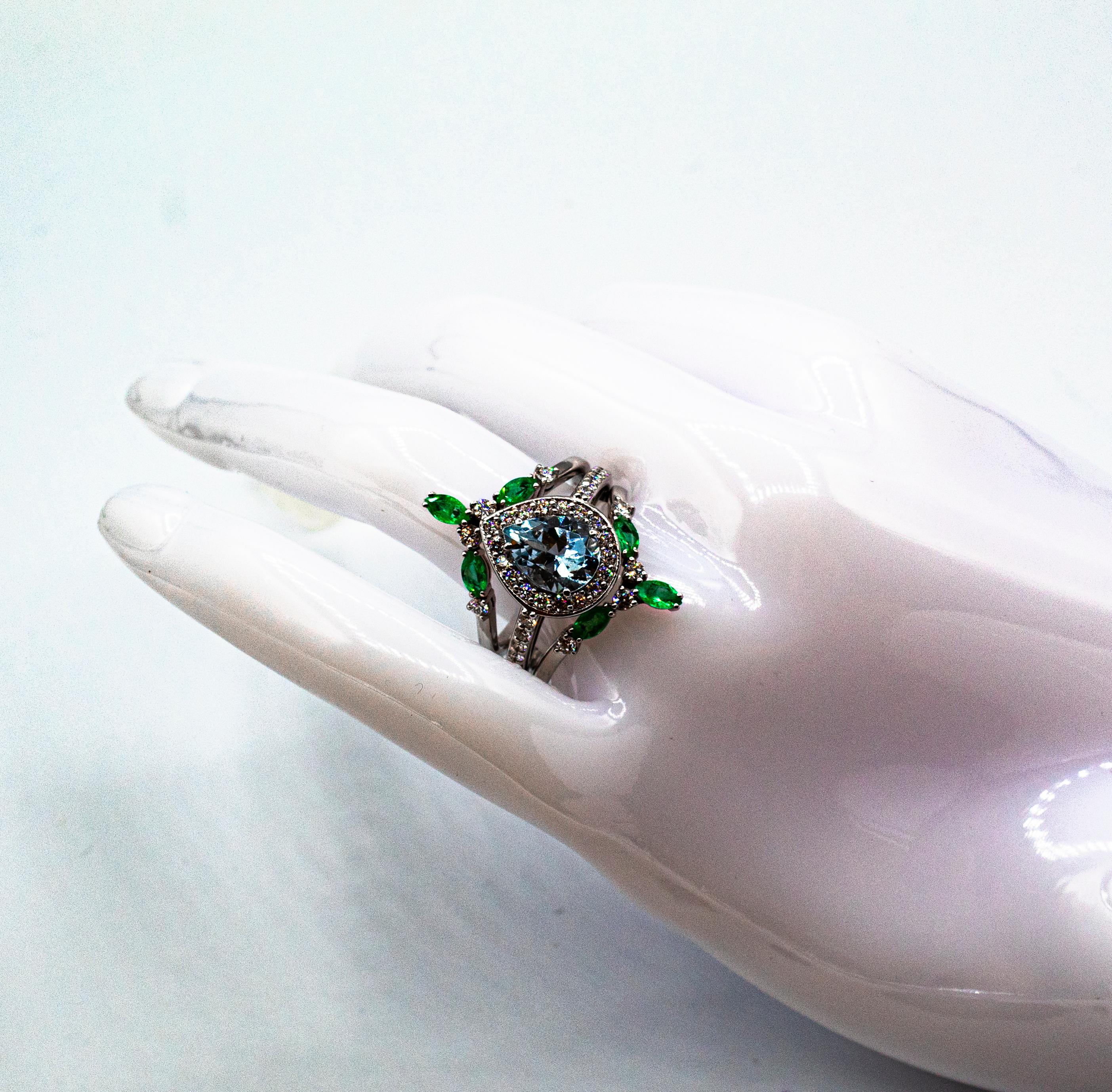 Art Deco Emerald White Diamond Aquamarine White Gold Triple Cocktail Ring Set For Sale 4