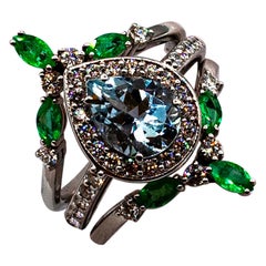 Art Deco Emerald White Diamond Aquamarine White Gold Triple Cocktail Ring Set