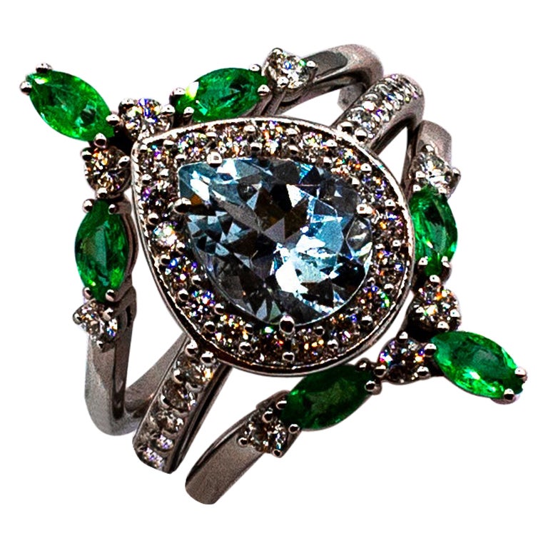 Art Deco Smeraldo Bianco Diamante Acquamarina Oro Bianco Triplo Anello Cocktail Set