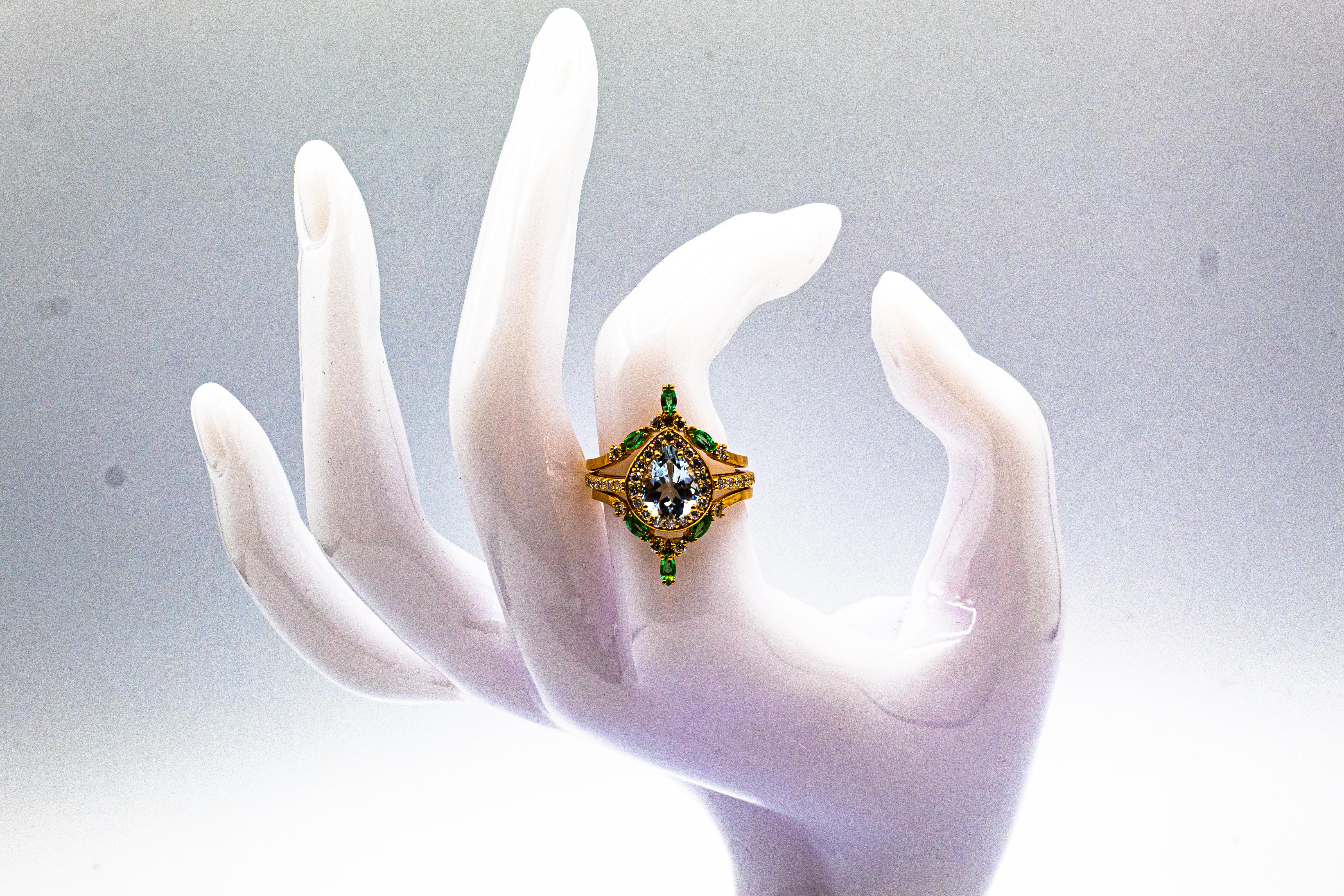 Art Deco Style Emerald Diamond Aquamarine Yellow Gold Triple Cocktail Ring Set 2