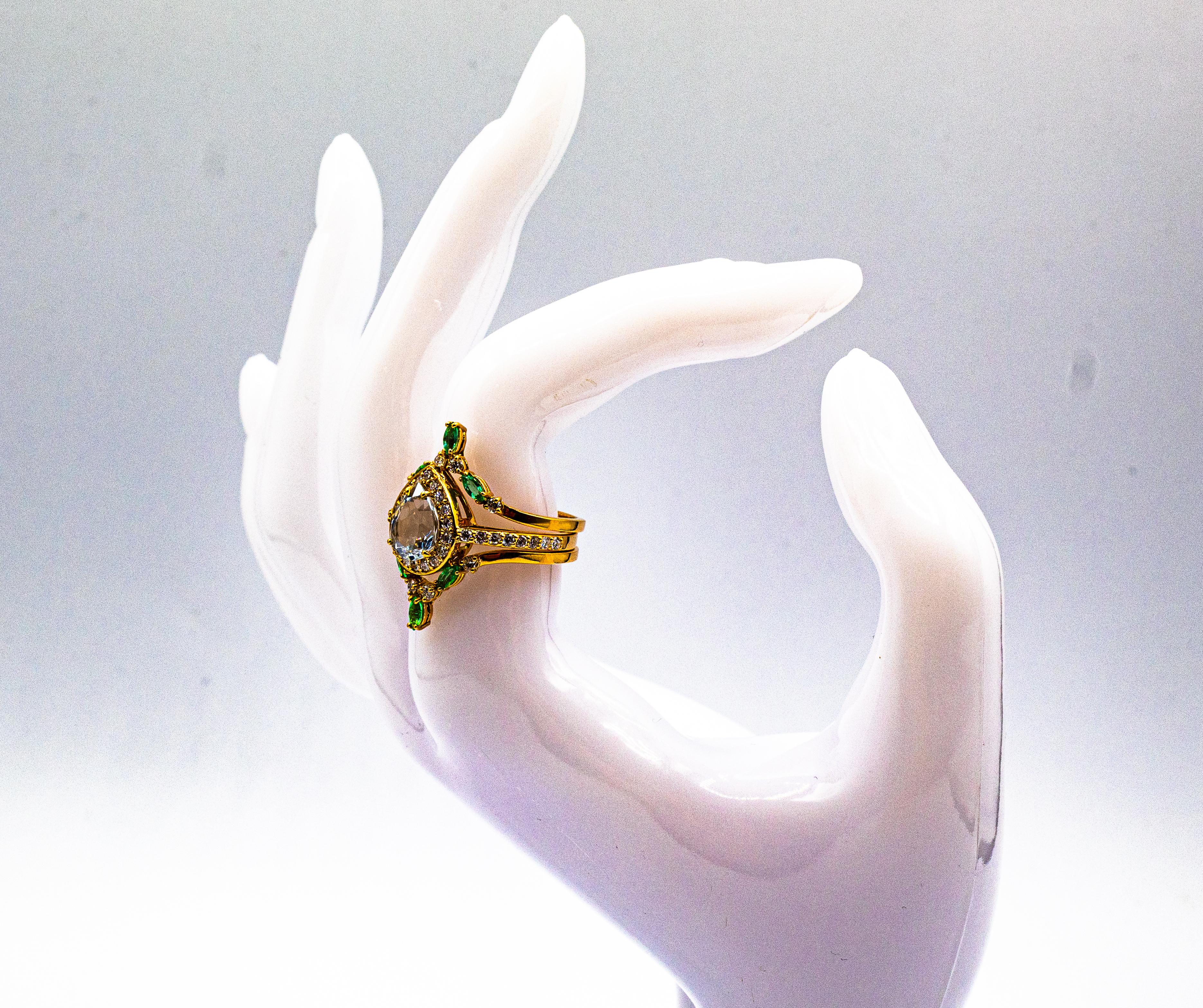 Art Deco Style Emerald Diamond Aquamarine Yellow Gold Triple Cocktail Ring Set 3