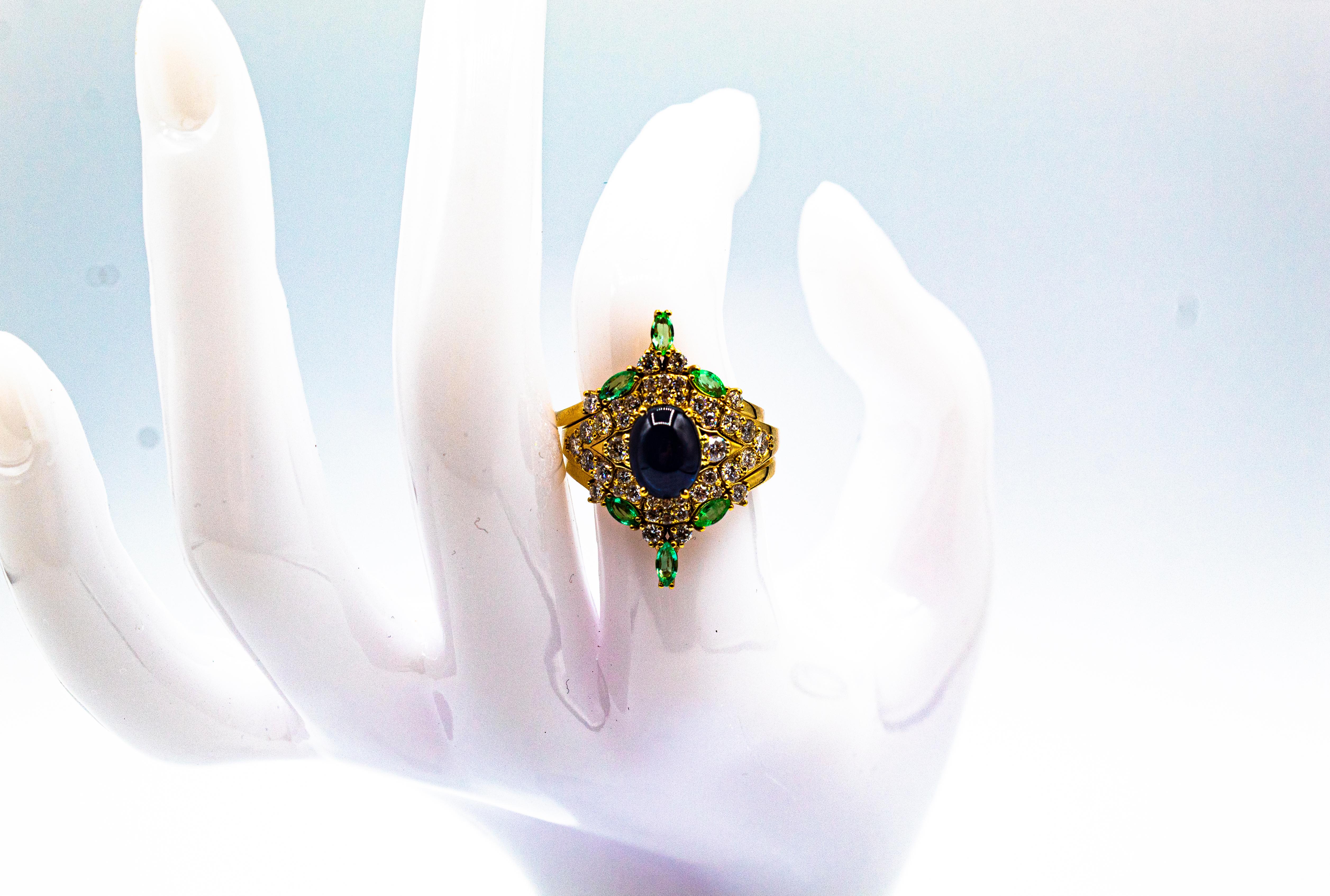 Art Deco Emerald White Diamond Sapphire Yellow Gold Triple Cocktail Ring Set For Sale 8