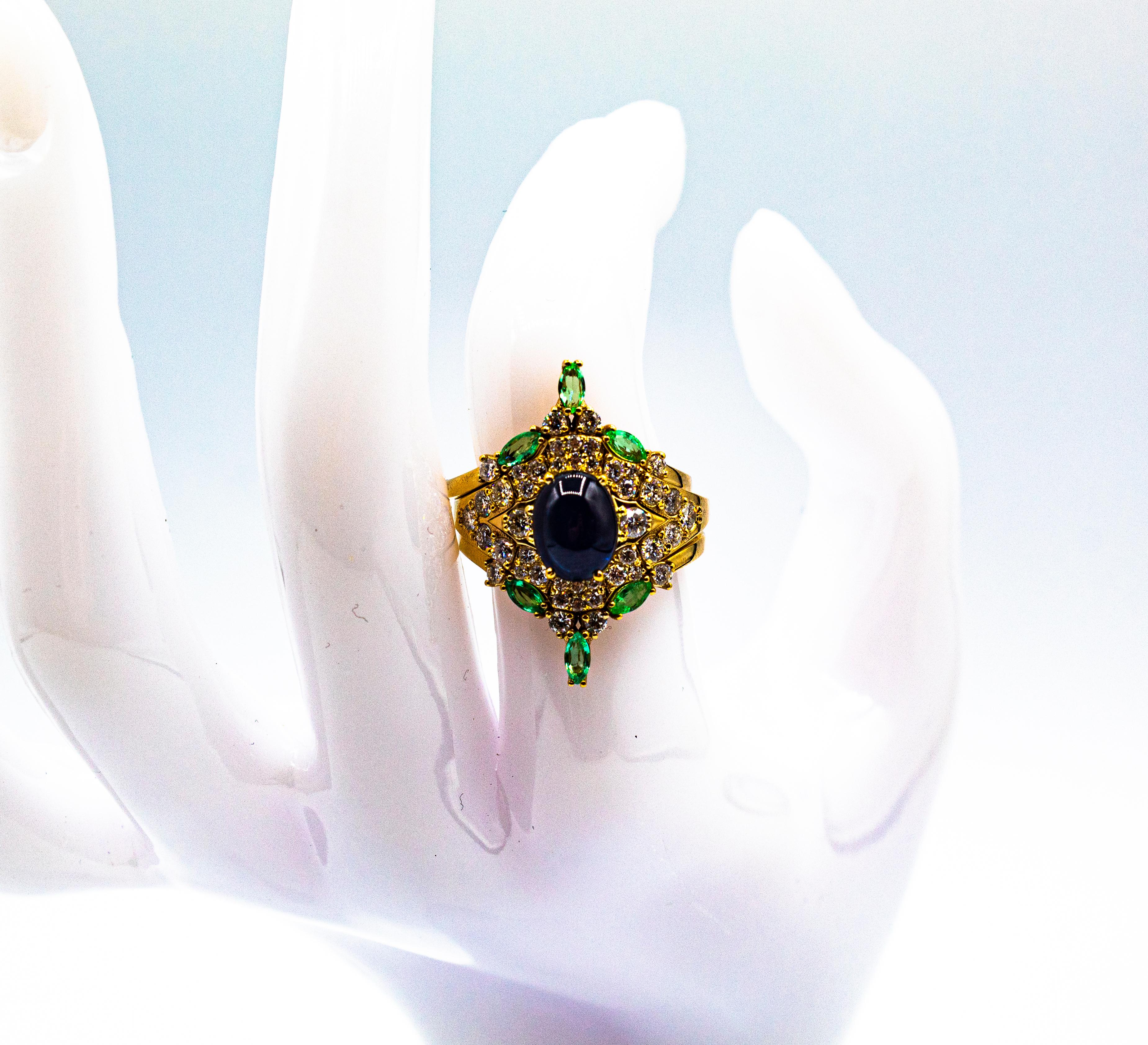 Art Deco Emerald White Diamond Sapphire Yellow Gold Triple Cocktail Ring Set For Sale 9
