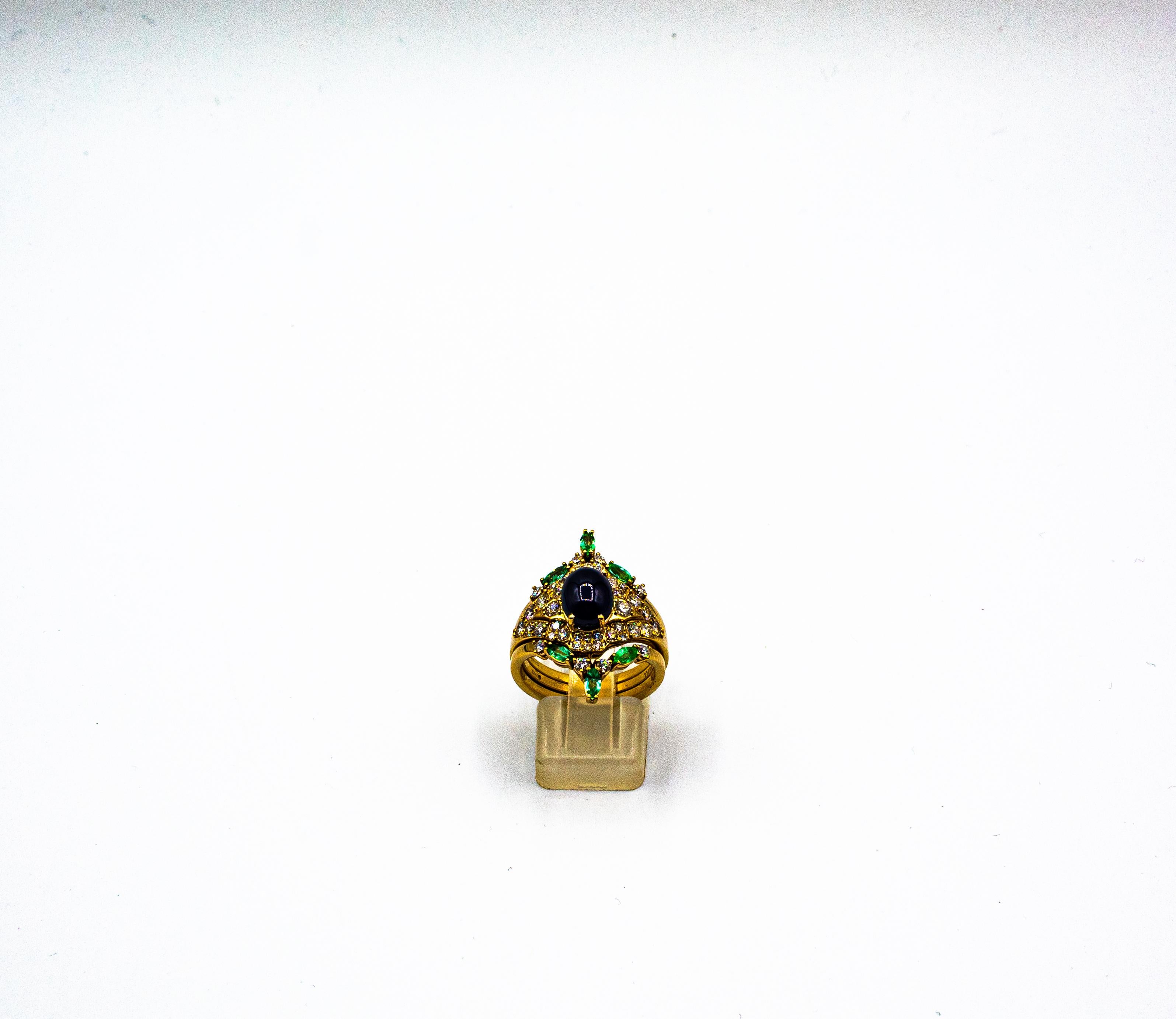 Brilliant Cut Art Deco Emerald White Diamond Sapphire Yellow Gold Triple Cocktail Ring Set For Sale