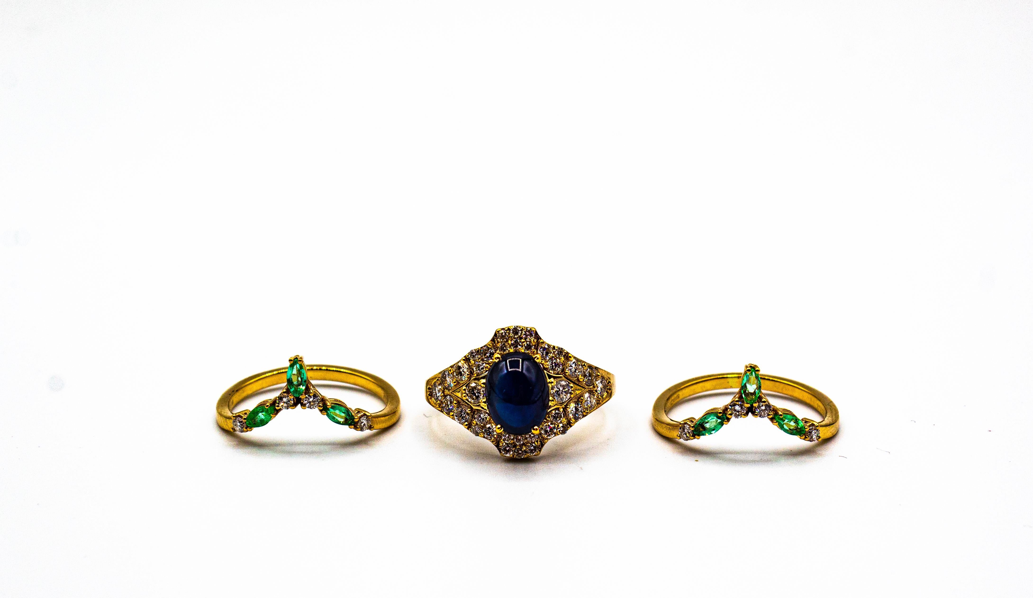Art Deco Emerald White Diamond Sapphire Yellow Gold Triple Cocktail Ring Set For Sale 3