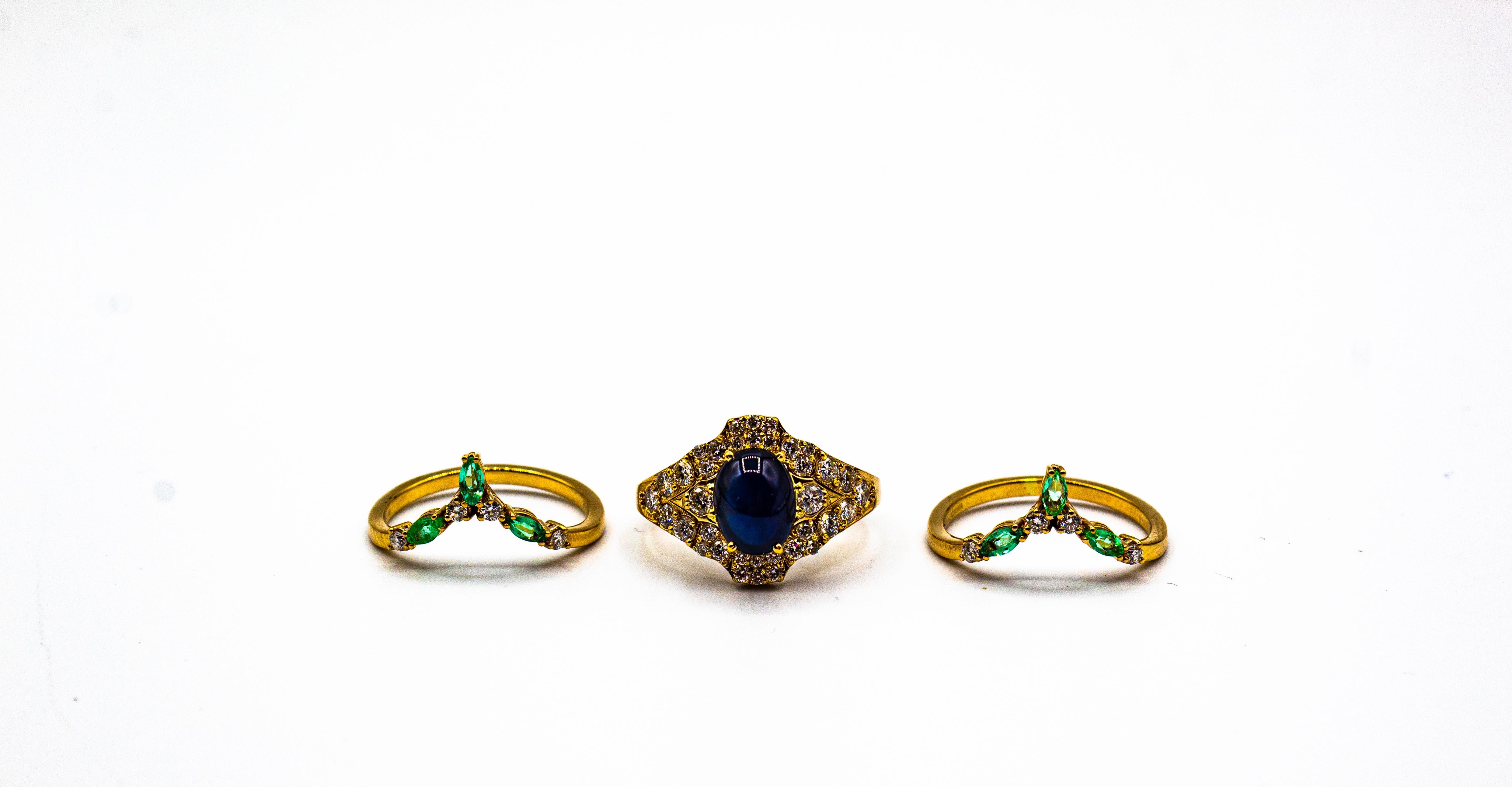 Art Deco Emerald White Diamond Sapphire Yellow Gold Triple Cocktail Ring Set For Sale 4